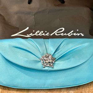 LILLIE RUBIN SATIN TEAL EVENING CLUTCH/SHOULDER W RHINESTONE EMBELLISHMENT PROM